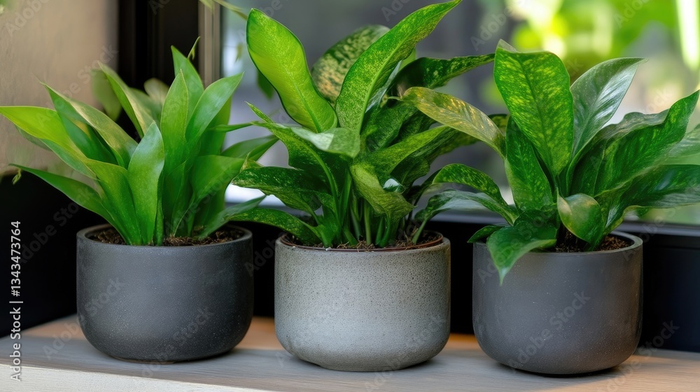 Obraz premium Three potted houseplants on a windowsill