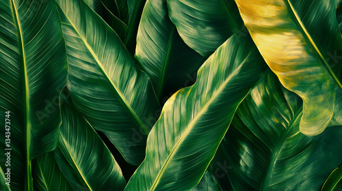 Bright and colorful flat lay of exotic tropical leaves