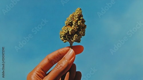 Hand holding a cannabis bud against a clear blue sky.