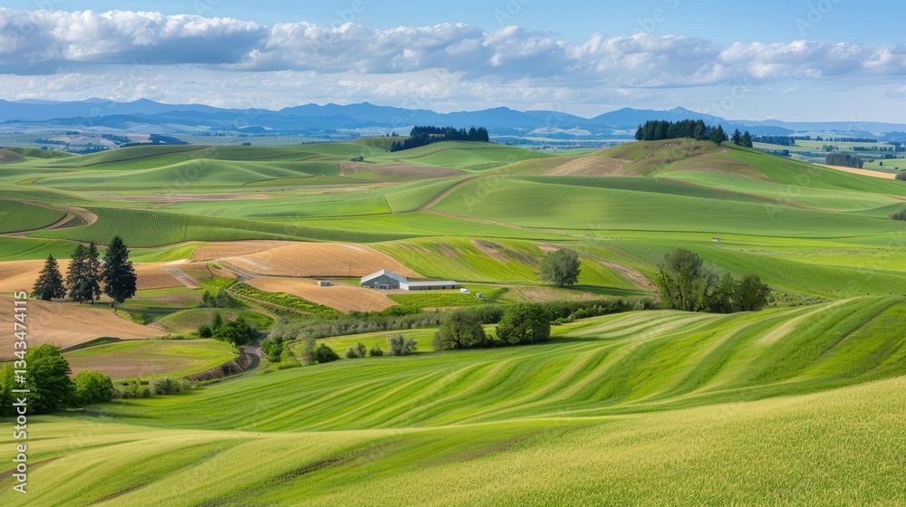 Scenic rolling green hills and fields under a cloudy sky Scenic rolling green hills and fields under a cloudy sky