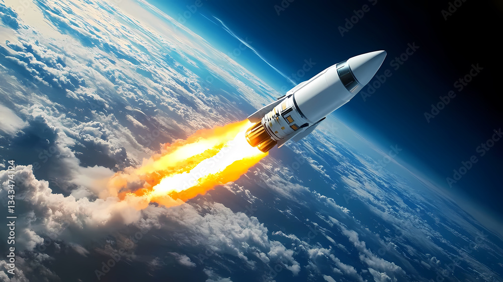Obraz premium Rocket Launch with Flames and Earth in Background