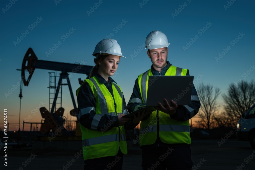 Low angle view of male and female partners in protective clothing planning over laptop while standing against equipment by car at field against sky during sunset Low angle view of male and female partners in protective clothing planning over laptop while standing against equipment by car at field against sky during sunset