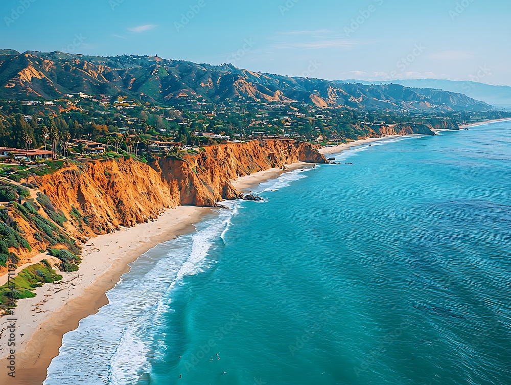 Naklejka premium A scenic coastal landscape featuring cliffs beach and ocean waters