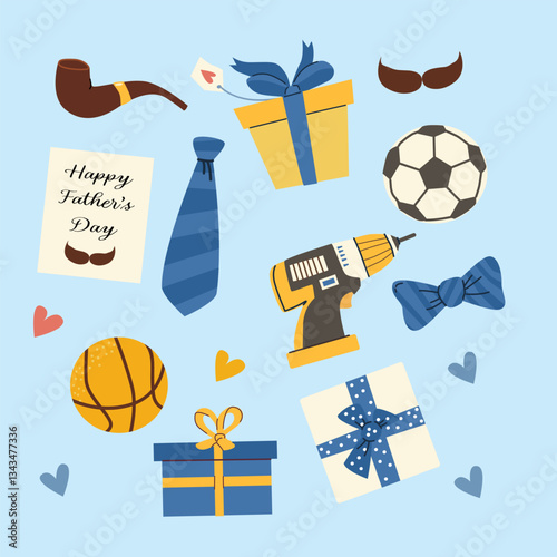 Happy father's day design with gifts, sports items, and tools for cards and posters.