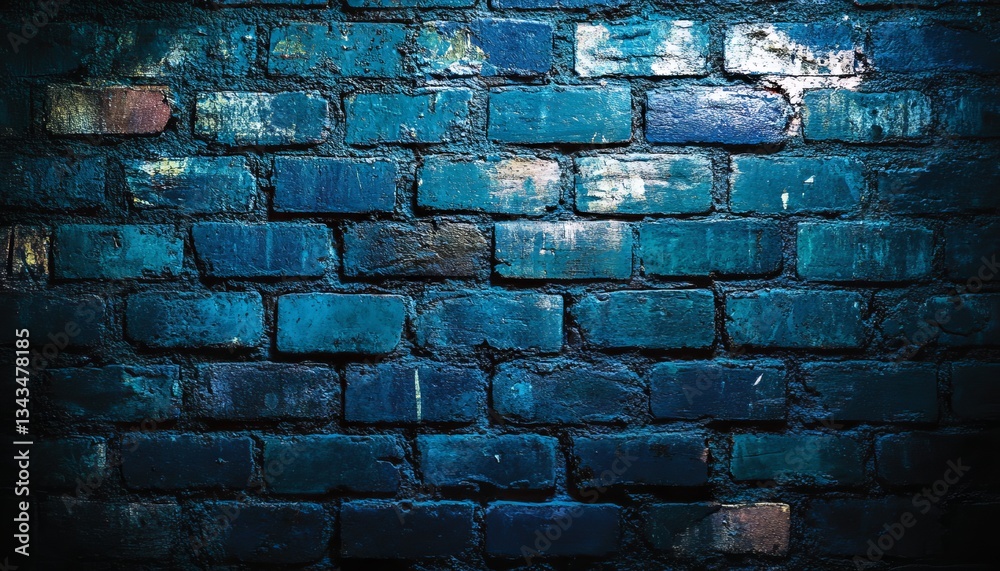 Fototapeta premium Illuminated Brick Wall, Grunge Urban Background with Deep Blue Dramatic Light, Night Texture