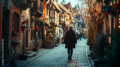 Festive European Village Street at Christmas Time
