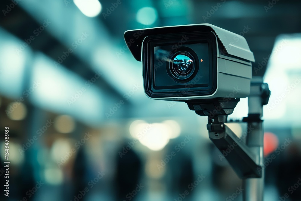 Cctv security camera focused on store environment with blurred shoppers in supermarket background Cctv security camera focused on store environment with blurred shoppers in supermarket background