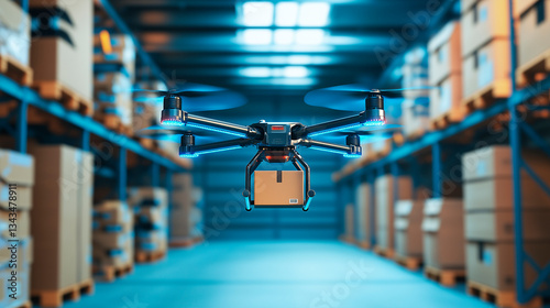 Delivery Drone Flying Inside a Warehouse