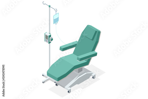 Isometric reclining medical chair receiving IV chemotherapy. A hospital room with a cabinet. Cancer treatment, IV therapy. Medical procedure, chemotherapy. Infusion system, hospital service