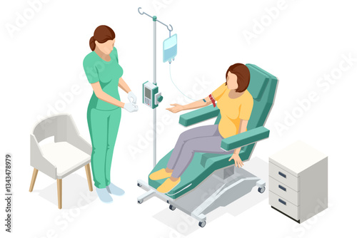 Isometric female patient sits in a reclining medical chair receiving IV chemotherapy, while a nurse in green scrubs monitors the procedure. A hospital room with a cabinet. Cancer treatment, IV therapy