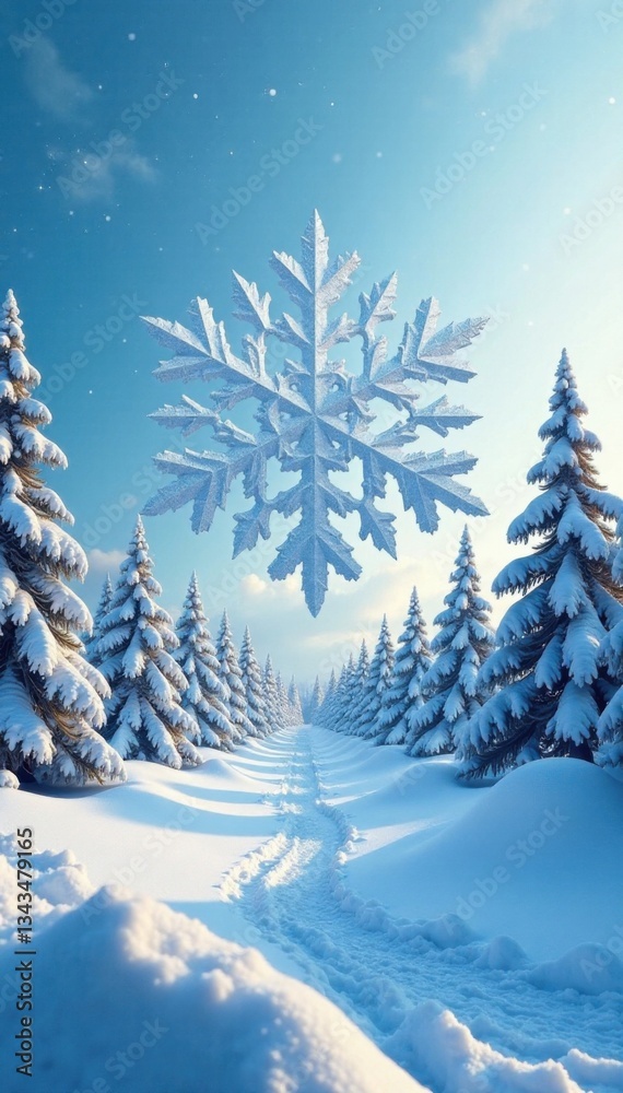 Obraz premium Intricate snowflake design surrounding a minimalist winter landscape, cold, snow border