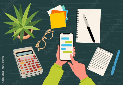 Vector illustration of a workplace desk top view with hands holding a smartphone, houseplant, calculator, notepad, sticky notes, glasses, and a pen. Perfect for business, productivity, and office work