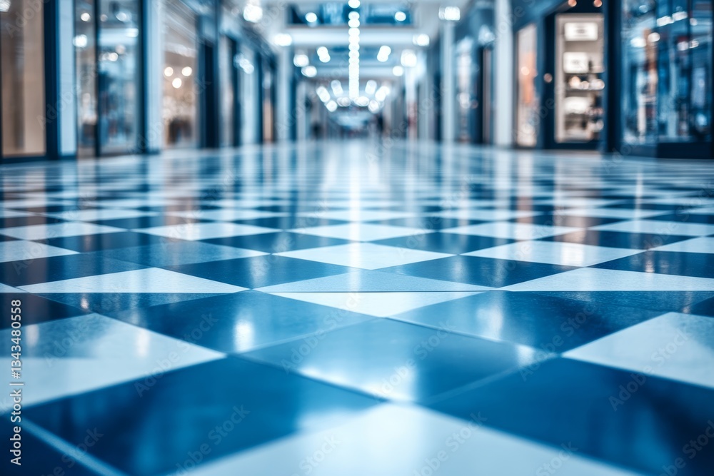 Striking blue and white checkered floor in an empty mall highlighting architectural design elements Striking blue and white checkered floor in an empty mall highlighting architectural design elements
