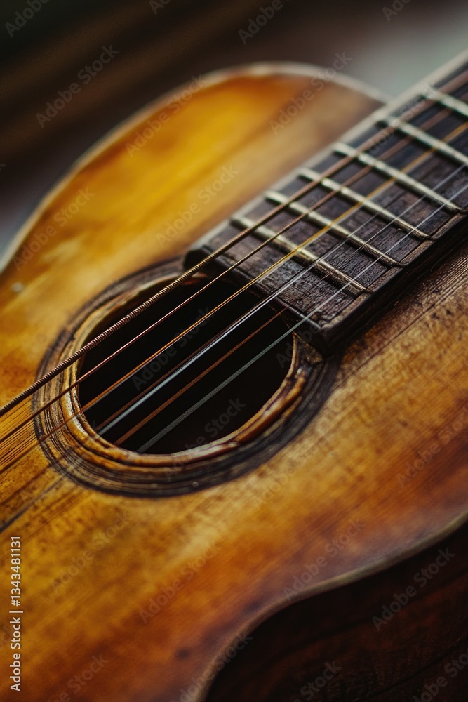 Fototapeta premium A close-up shot of a guitar sitting on a table, ready for playing