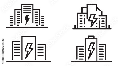 Modern smart city skyline with energy-efficient buildings, power grids, and renewable energy sources in a vector design.