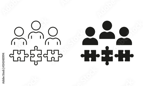 Partnership Success, Team Building, Unity Line and Silhouette Icon Set. Teamwork and Collaboration, Puzzle Together Icon. Business Community Sign. Editable Stroke. Isolated Vector Illustration