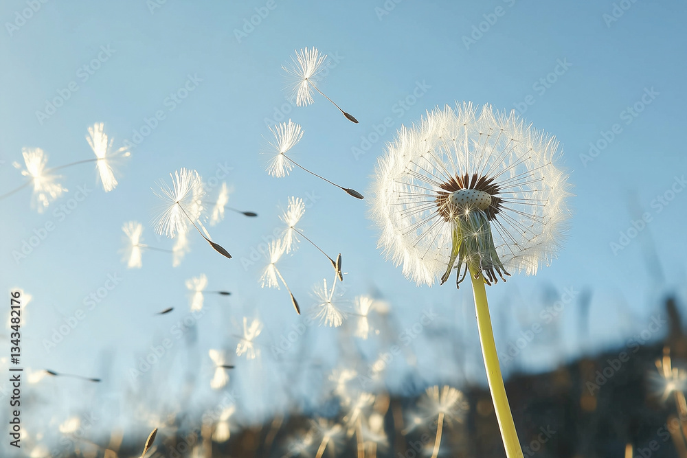 Dandelion Seeds Blowing in the Wind Against a Clear Sky