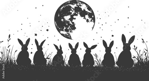 Silhouette of rabbits under a starry night sky with a full moon