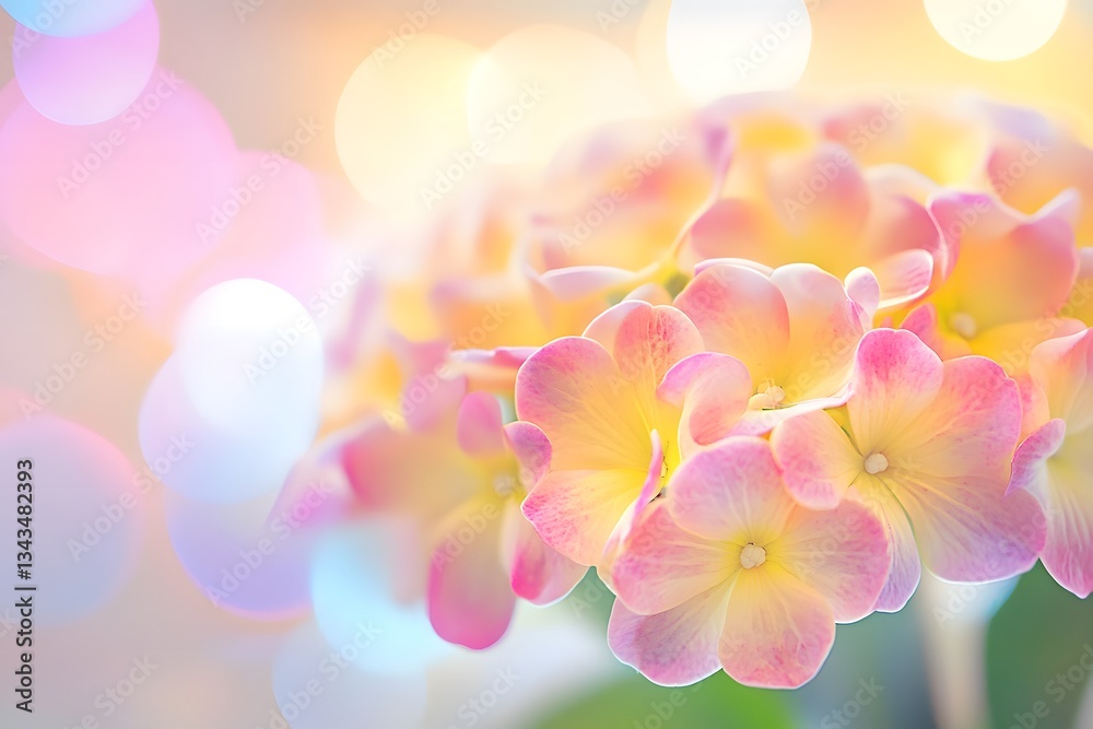 Pastel Pink and Yellow Hydrangea Bloom Soft Bokeh Background Pastel Pink and Yellow Hydrangea Bloom Soft Bokeh Background