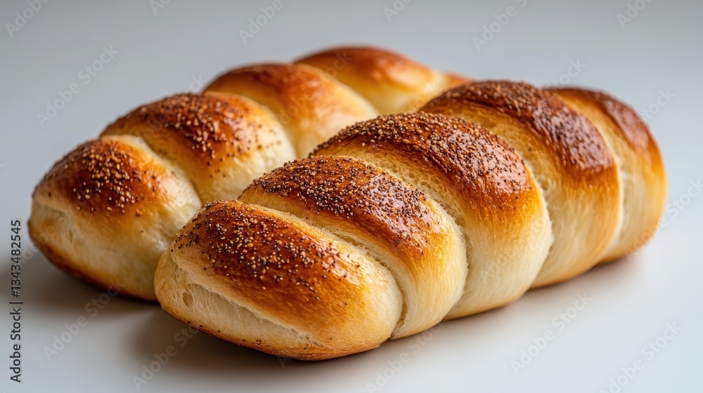 This image showcases two beautifully braided bread loaves, golden brown and sprinkled with seeds, perfect for enticing buyers on a stock photography website. This image showcases two beautifully braided bread loaves, golden brown and sprinkled with seeds, perfect for enticing buyers on a stock photography website.
