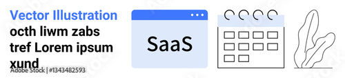 Browser window tab labeled SaaS, calendar interface with circular markers, and abstract plant line art design. Ideal for tech solutions, productivity apps, minimal marketing, calendars, business