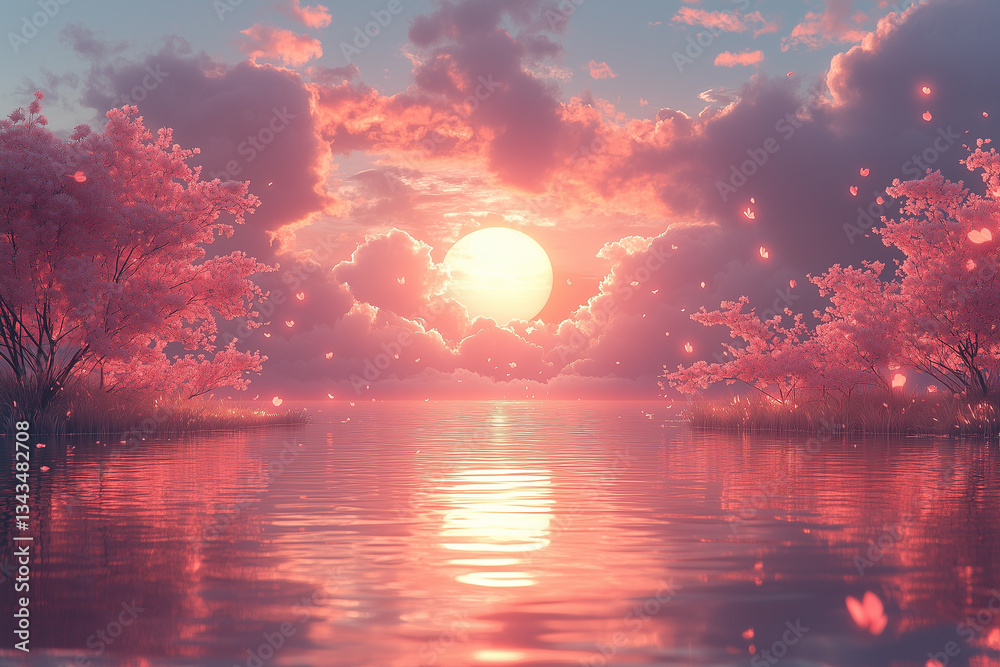 Dreamy Sunset Over a Tranquil Lake with Cherry Blossoms