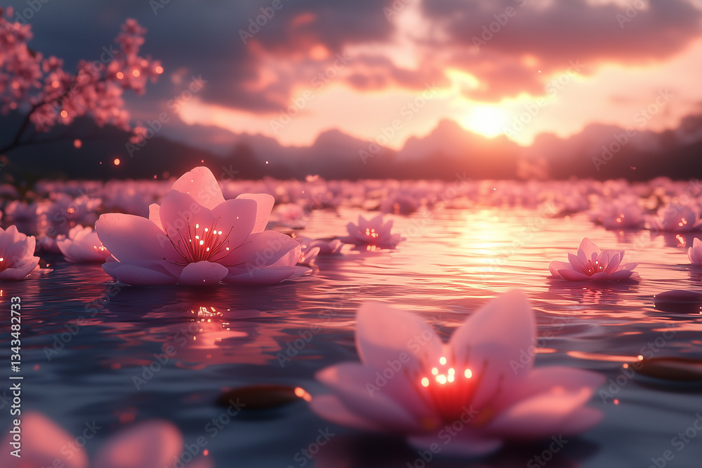Dreamy Lotus Blossoms Floating on Water at Sunset