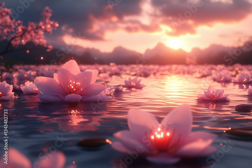 Obraz na płótnie Dreamy Lotus Blossoms Floating on Water at Sunset w salonie