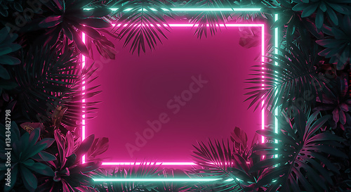 A blend of neon shapes making a frame, digital glitch textures, and tropical plants