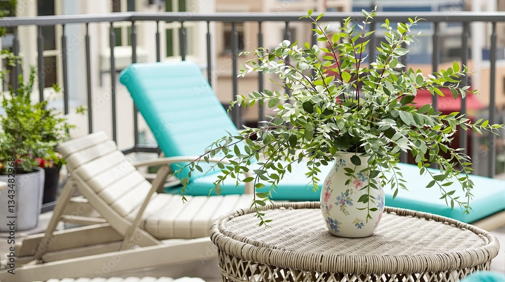 Fototapeta premium This balcony is filled with nature and a relaxing atmosphere, with wicker tables and sunbathing chairs, perfect for relaxation!