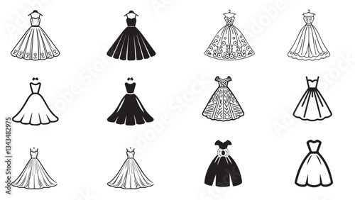 Collection of black and white vector dress icons featuring different frock designs, ideal for fashion and clothing illustrations.