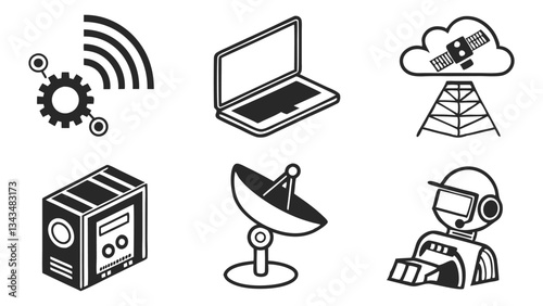 Vector illustration of assorted communication and technology-related icons, including satellite dishes, laptops, and wireless signals.