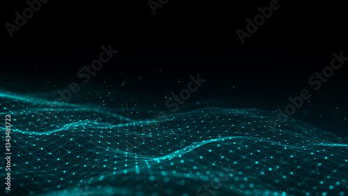Dynamic blue wave of particles and lines. Abstract futuristic background. Big data visualization. 3D rendering.