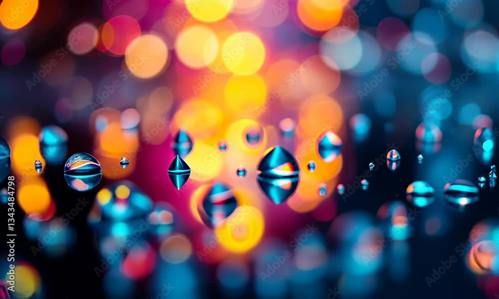 Mesmerizing water droplets on vibrant bokeh background in colorful transition
