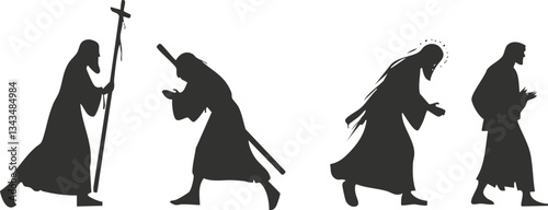 Silhouettes illustrating biblical characters with crosses and halos