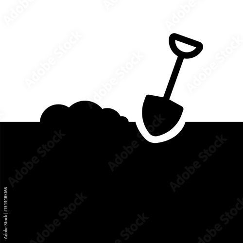 Shovel digs a hole in the ground. Vector silhouette and illustration.