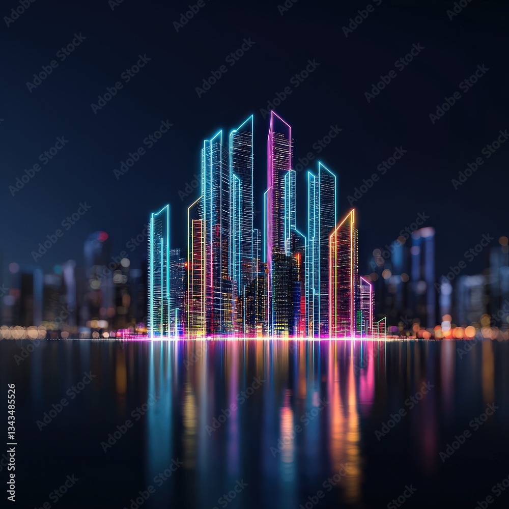 Fototapeta premium A futuristic skyscraper shaped like a bar graph, glowing in the night.