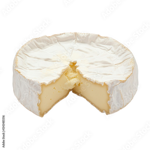 A round cheese wheel with a creamy interior and a soft, white rind, partially sliced to reveal its rich texture, Transparent background.