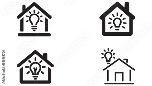 Minimalist vector icon of a house featuring a glowing light bulb, symbolizing smart home technology, innovation, and electricity usage.