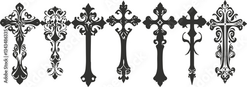 Ornate black gothic cross silhouettes collection on white background