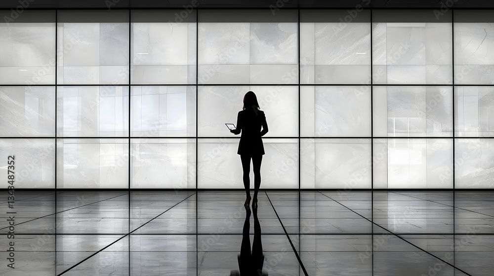 Fototapeta premium A silhouetted businesswoman stands in a modern minimalist office holding a tablet in front of a large illuminated wall of glass panels.