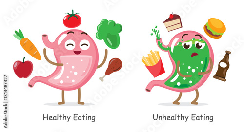 Healthy eating and Unhealthy eating . Stomach with healthy diet and junk food . Cute medical cartoon characters . White isolated background . Vector .