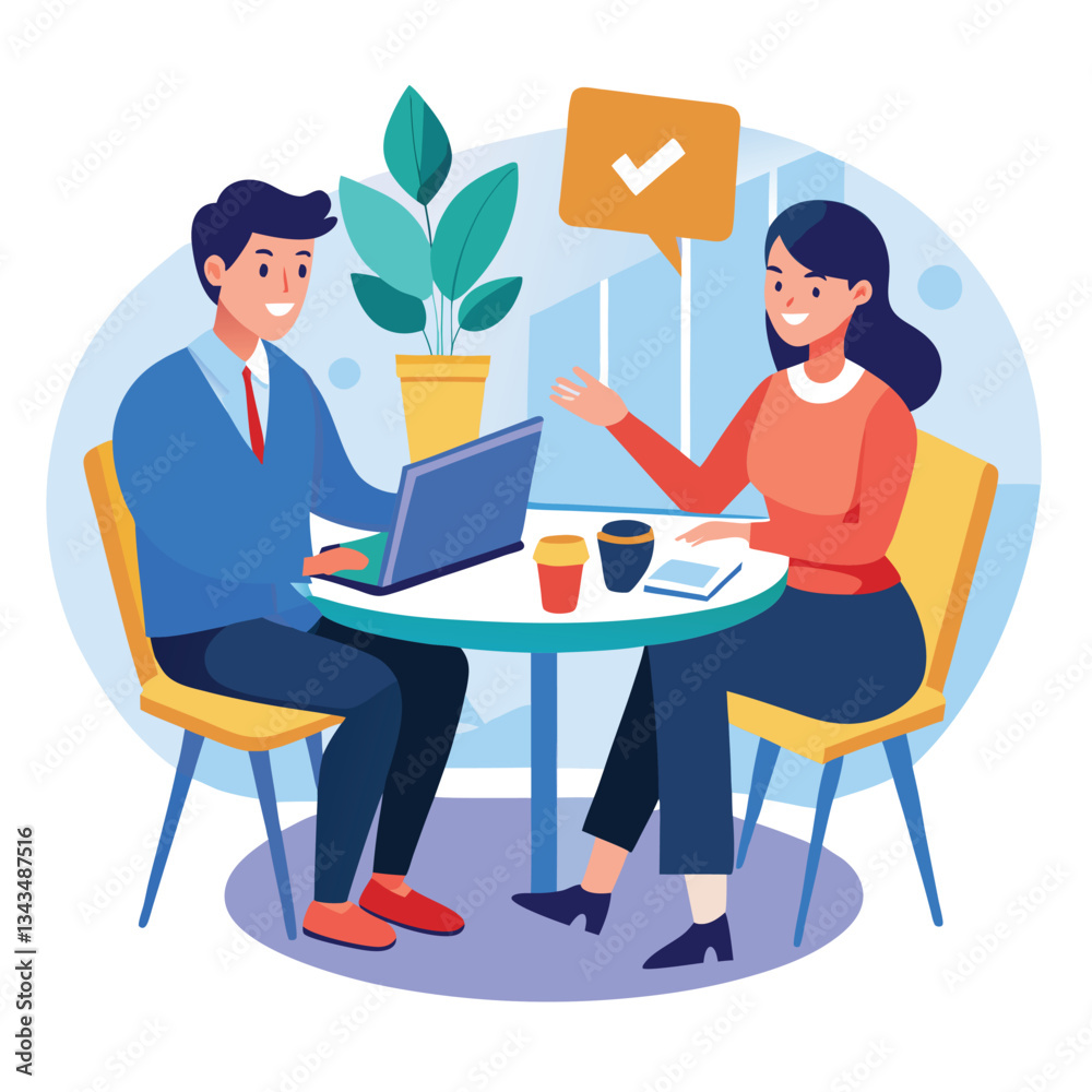 Partners meeting for business discussion with documents and laptop on desk. Couple at round table, speaking, discussing work, partnership. Flat vector illustration isolated on white background Partners meeting for business discussion with documents and laptop on desk. Couple at round table, speaking, discussing work, partnership. Flat vector illustration isolated on white background