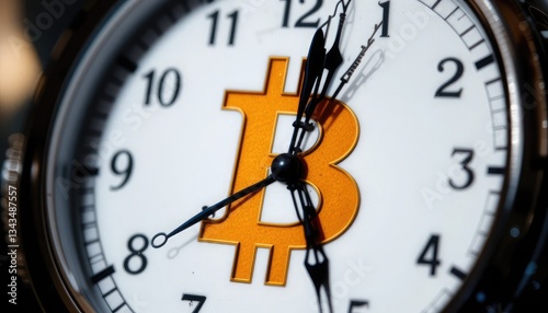 Close-up of a clock showing the symbols for bitcoin