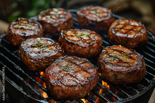 A chic outdoor barbecue picnic, sizzling steaks on the grill.