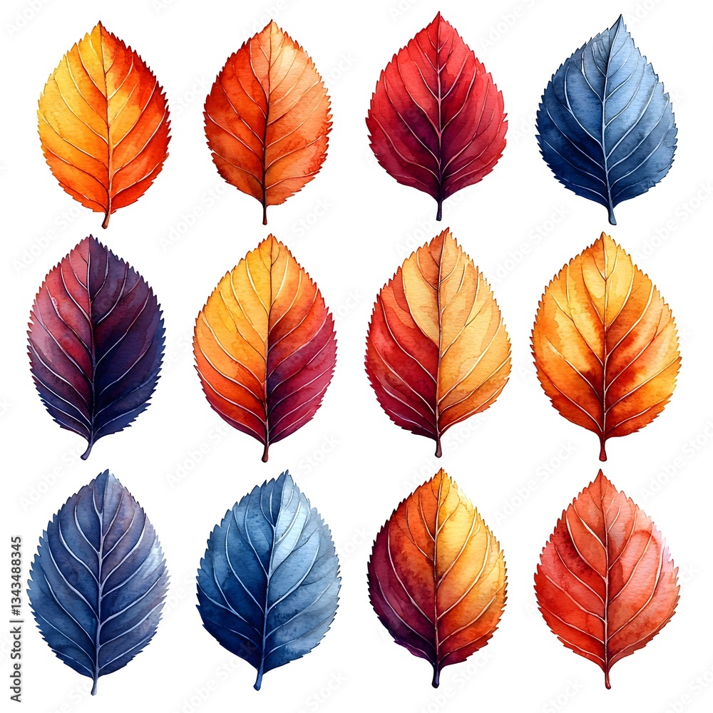 Obraz premium Vibrant Autumn Leaves in Watercolor on White Background
