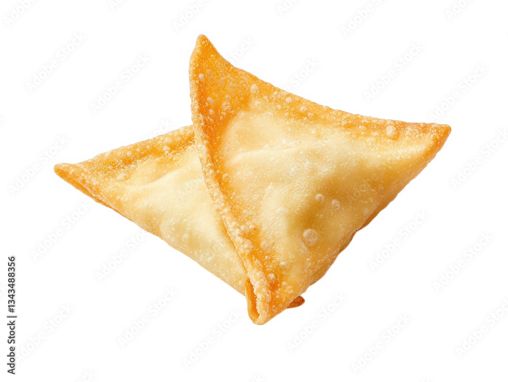 A close-up of two golden, crispy samosas, showcasing their textured surface and delicate triangle shape, Transparent background. A close-up of two golden, crispy samosas, showcasing their textured surface and delicate triangle shape, Transparent background.