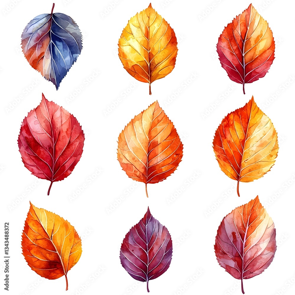 Obraz premium Vibrant Autumn Leaves in Watercolor on White Background