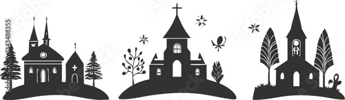 Silhouette of gothic churches with trees and nature elements