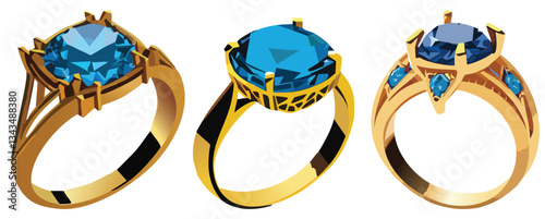 Collection of golden rings with blue gemstones in various elegant designs, ideal for jewellery branding, accessory visuals, and luxury themes.
